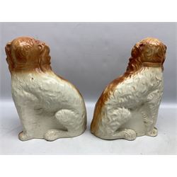 Group of Victorian and later Staffordshire style figures, to include two dogs, Prince upon horse back, horse with pink lustre patches, tall figure of a man beside his dog etc, tallest H41cm