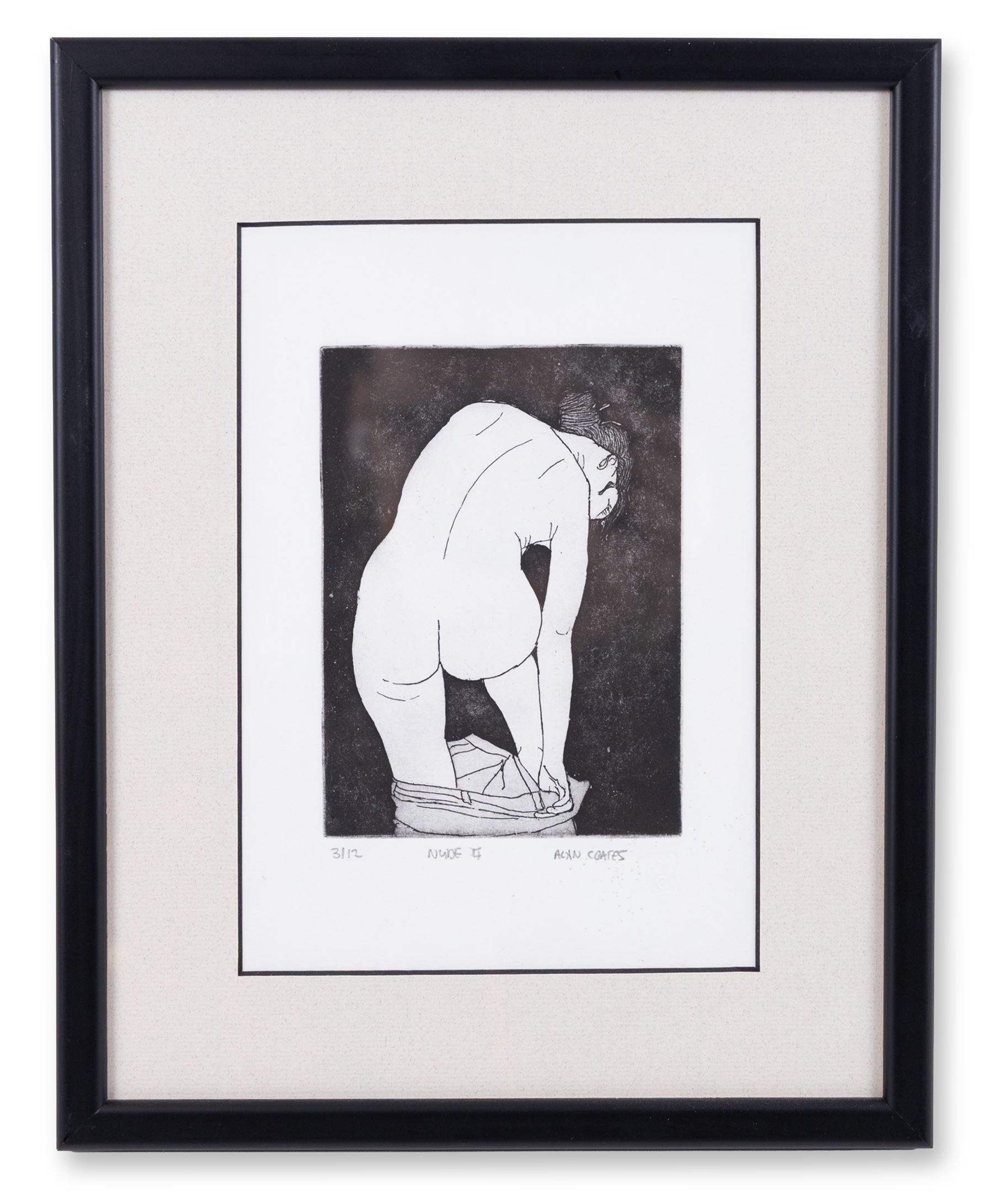 Alan Coates (British Contemporary): 'Nude 4', limited edition etching No.3/12 signed and titled 20cm x 14cm; Sarah J Venus (British Contemporary): Corsets, lino cut 21cm x 19cm; William 
