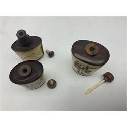 Seven Chinese glass snuff bottles painted with figures and animals, together with three wood mounted bone examples