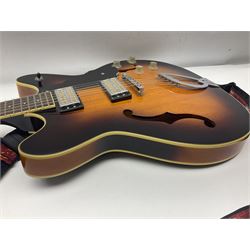 DeArmond Guild Star Fire Custom semi-acoustic guitar c2009 with tobacco sunburst finish and USA DeArmond gold foil pick-ups; serial no.KC9091266; L104cm; in Spider carrying case