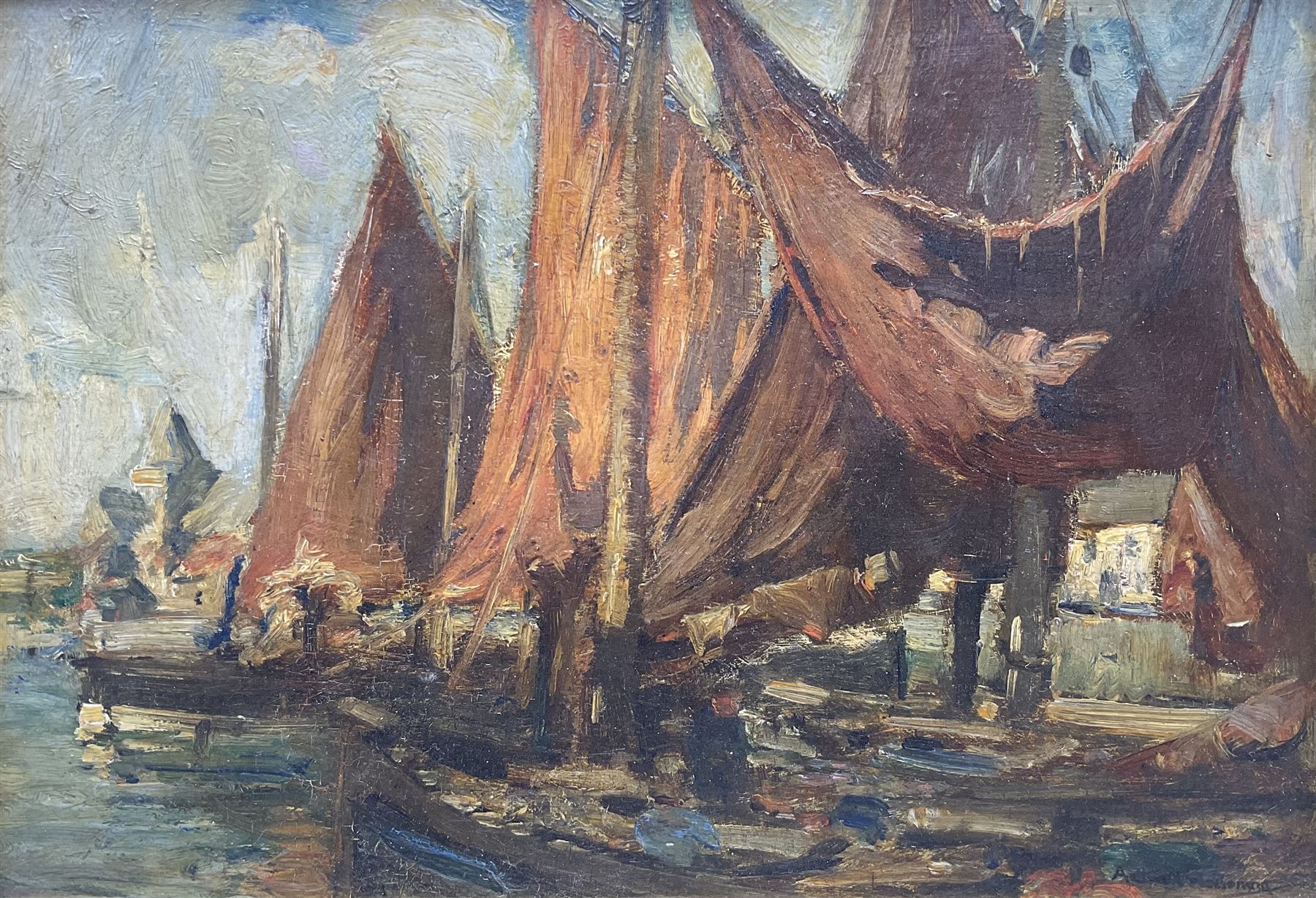Arthur A Friedenson (Staithes Group 1872-1955): 'In the Harbour - St Monans Fife', oil on panel signed, titled verso 24cm x 34cm