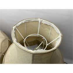 Two Giuseppe Armani figural lamps, the first modelled as an owl perched upon a book, the second modelled as a pair of owls perched upon blackberry branch, each with damask fabric tassel shades, tallest H76cm