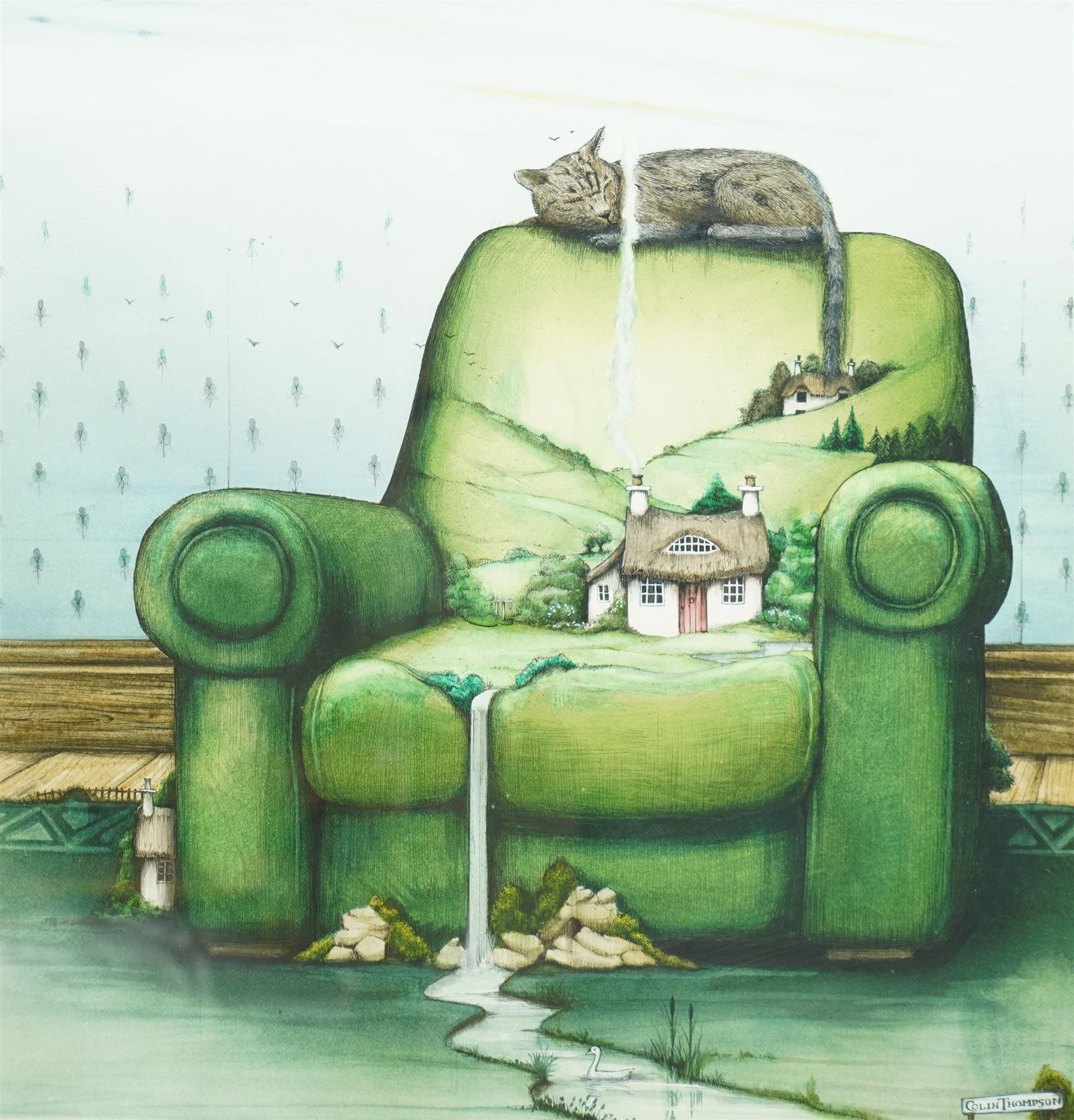 Colin Thompson (British/Australian 1942-): 'Pictures of Home' Cat Illustration, ink and watercolour signed 39cm x 37cm, together with a copy of the book (2)
Notes: Featured on the cover of Thompson's 'Pictures of Home' book, commissioned by Leeds Permanent Building Society.