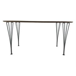 Piet Hein & Bruno Mathsson for Fritz Hansen - contemporary 'superellipse' dining table, oval beech top raised on four chrome supports; set of six Fritz Hansen butterfly-shaped chairs on tubular chrome supports