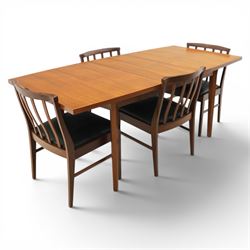 Mid-20th century teak dining table and chairs, with stowable fold over leaf, raised on square tapering legs, the chairs with teak frames and reupholstered green leather seats