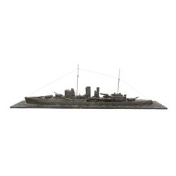  HMS Exeter, Waterline wartime metal model upon a wooden base, circa 1939-45, H24cm, L82cm  