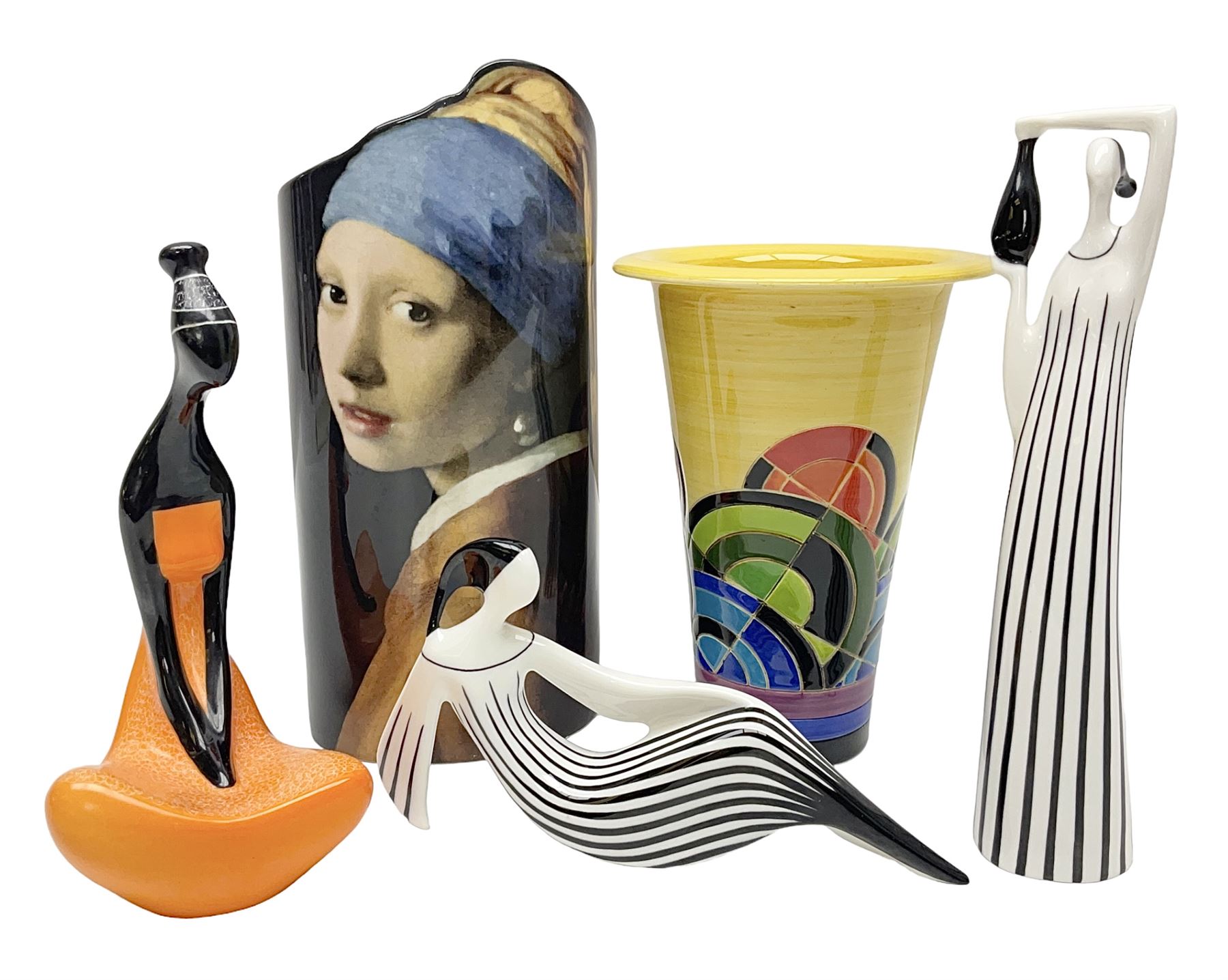 Dennis China Works vase with fluted rim together with three Cmielow figures and Beswick Silhouette vase of Girl with the Pearl earring, Beswick vase H22cm 