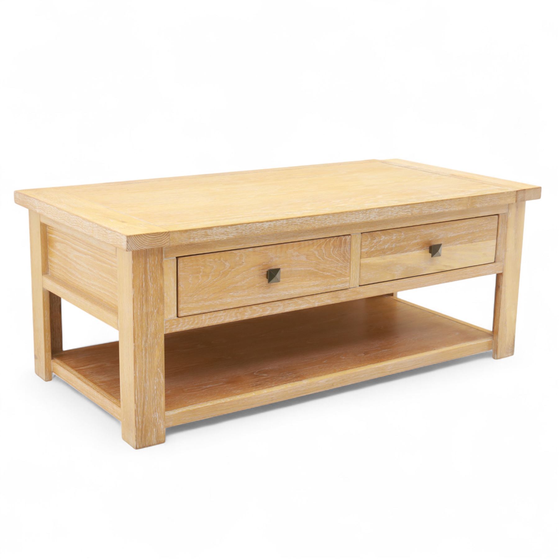 Bevan Funnell - Reprodux Arts & Crafts design limed oak coffee table, rectangular top with inset border over twin drawers fitted with pyramid-shaped metal handles, on square supports with lower plinth base