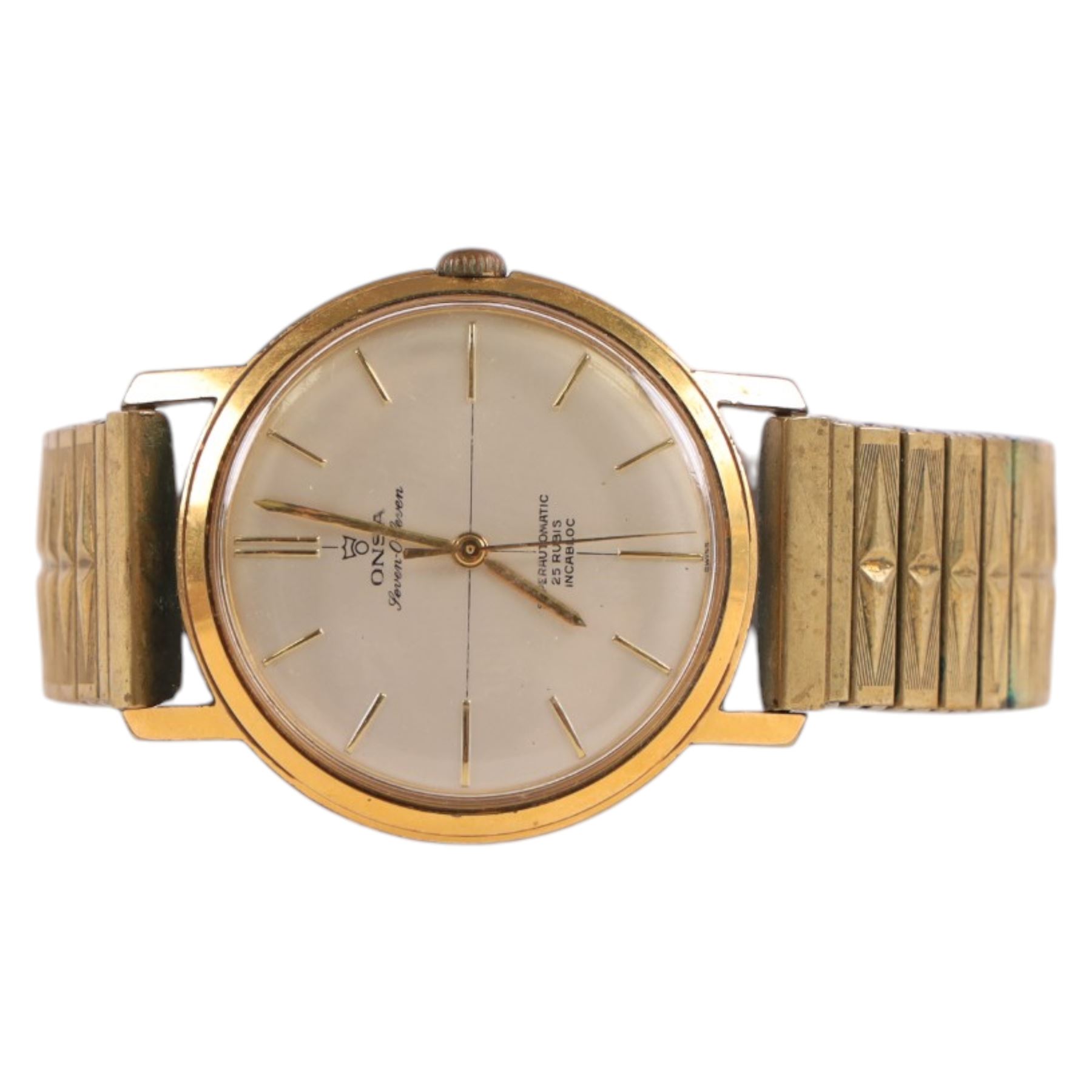 Onsa Seven-O-Seven gentleman's gold-plated and stainless steel automatic wristwatch, on gilt strap and a Gevea automatic wristwatch
