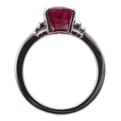  18ct white gold oval Burmese ruby ring, with baguette diamond shoulders, hallmarked, ruby approx 3.00 carat  