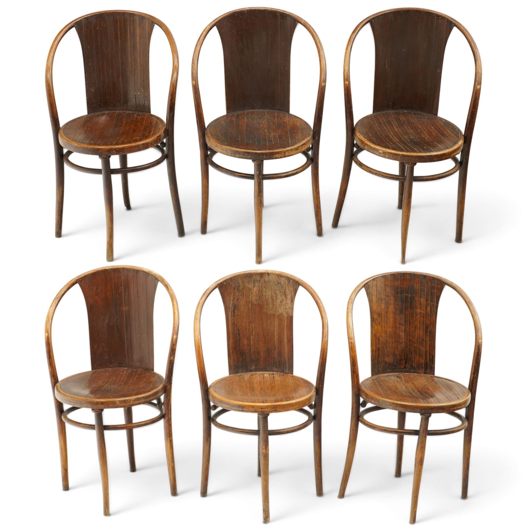 Fischel - Set of six early 20th century Czech Republic bentwood bistro chairs, with continuous hoop back, circular seat on tapering supports united by a stretcher
