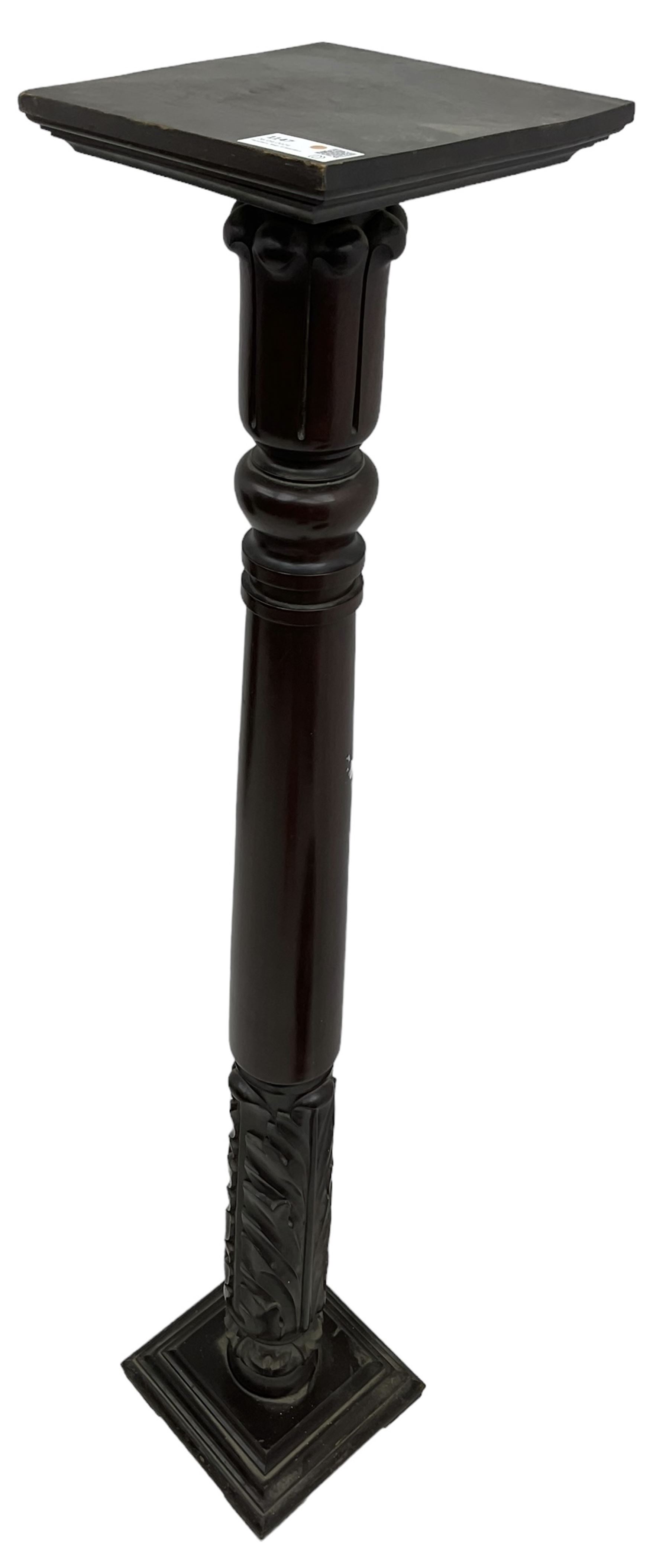 Victorian mahogany torchère or plant stand, square moulded top over turned column with lappet capital, carved with acanthus leaves, on stepped moulded square base