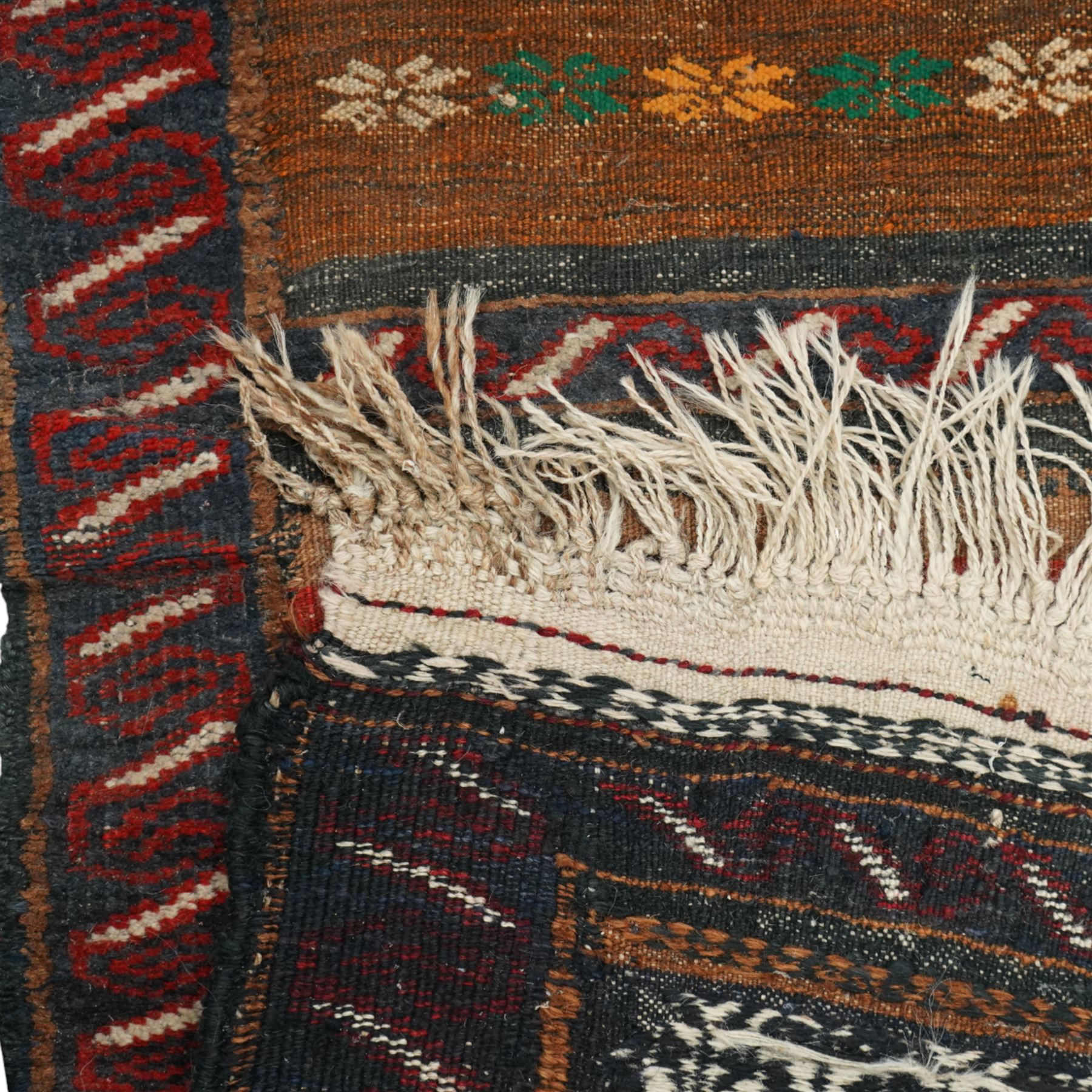 Group of four late 20th century wool kilim rugs, comprising a narrow tribal runner with stylised tree motifs and hooked guard bands (H 180cm, W 56cm), a lozenge medallion rug with decorative striped ends (H 125cm, W 75cm), a red and blue kilim with trefoil repeat field and multicoloured border bands (H 187cm, W 98cm), and a wide horizontal striped example with alternating lozenge and linear motif rows (H 260cm, W 173cm)