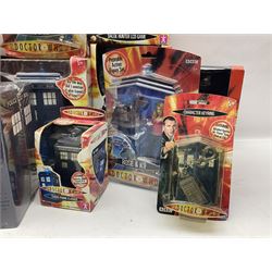 Dr. Who - fourteen boxed or carded collectables by Character Options and Wesco including Dalek and Tardis money banks, Dalek Hunter LCD games, Cyberman figure, Action Figure Sets, alarm clock, key ring, bottle opener, sonic screw driver, complete first series set of DVDs etc