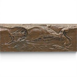 Arts & Crafts copper fire fender, with central ship scene, riveted corners