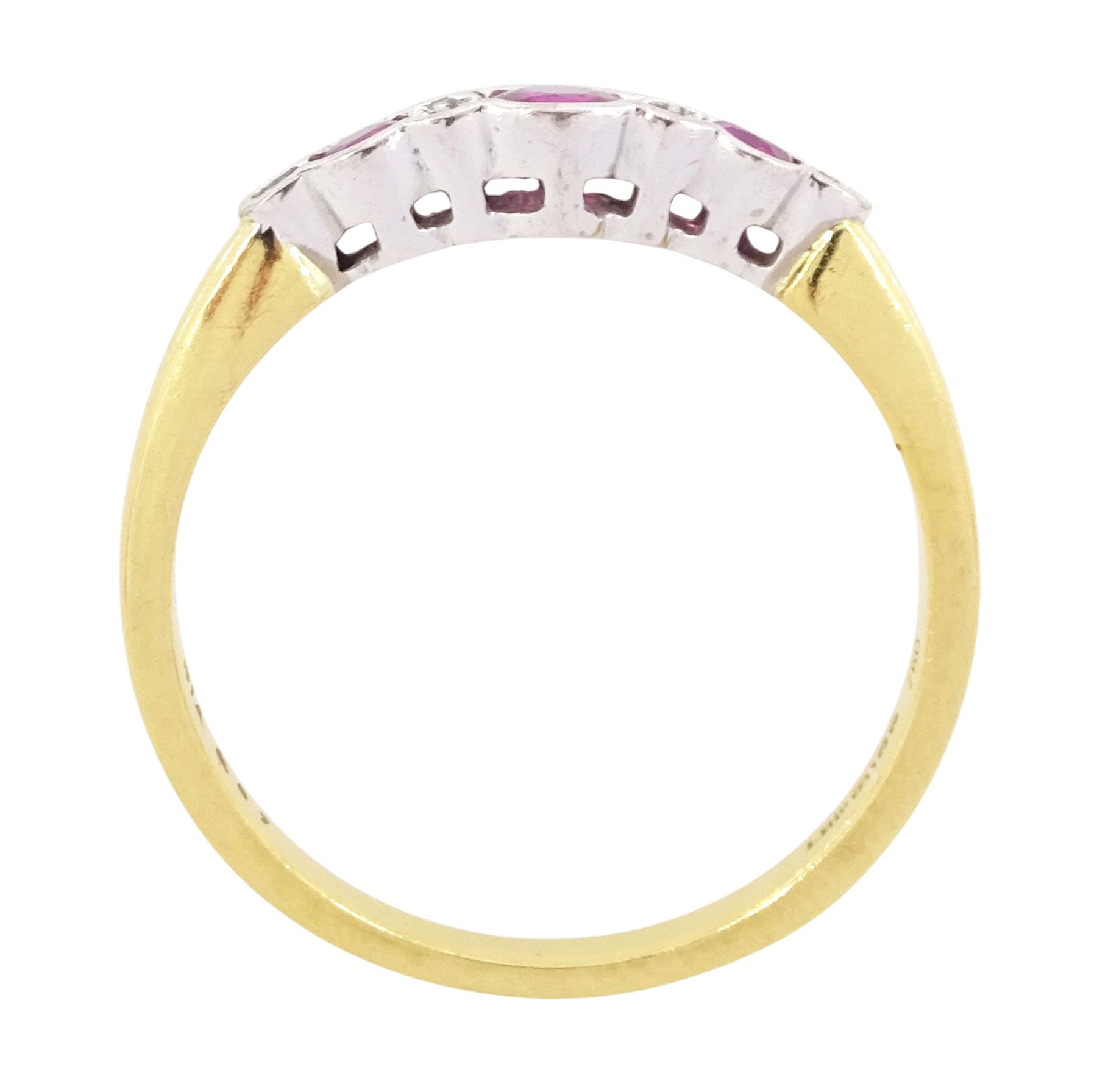 18ct gold ruby and diamond ring, three round cut rubies, with round brilliant cut diamonds set between, London import mark 1995, total diamond weight 0.07 carat, total ruby weight approx 0.70 carat