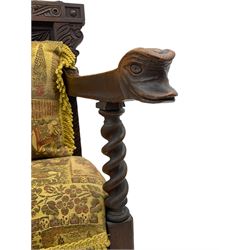 19th century carved oak Gainsborough style chair, barley twist detail, upholstered seat with loose cushion