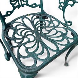 Victorian style cast aluminium garden table and four armchairs chairs in a weathered green finish