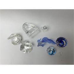 Six Swarovski crystal models, comprising an example modelled as a  Siamese fighting fish, two examples modelled as oyster shells with pearls, another modelled as a piano, plus a York Minster paperweight, Beverly Minster paperweight, and a Crystal Reflections model of an owl. 