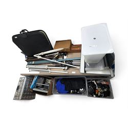 Collection of photography equipment, including cases, tripods, screens, guillotine, lighting etc