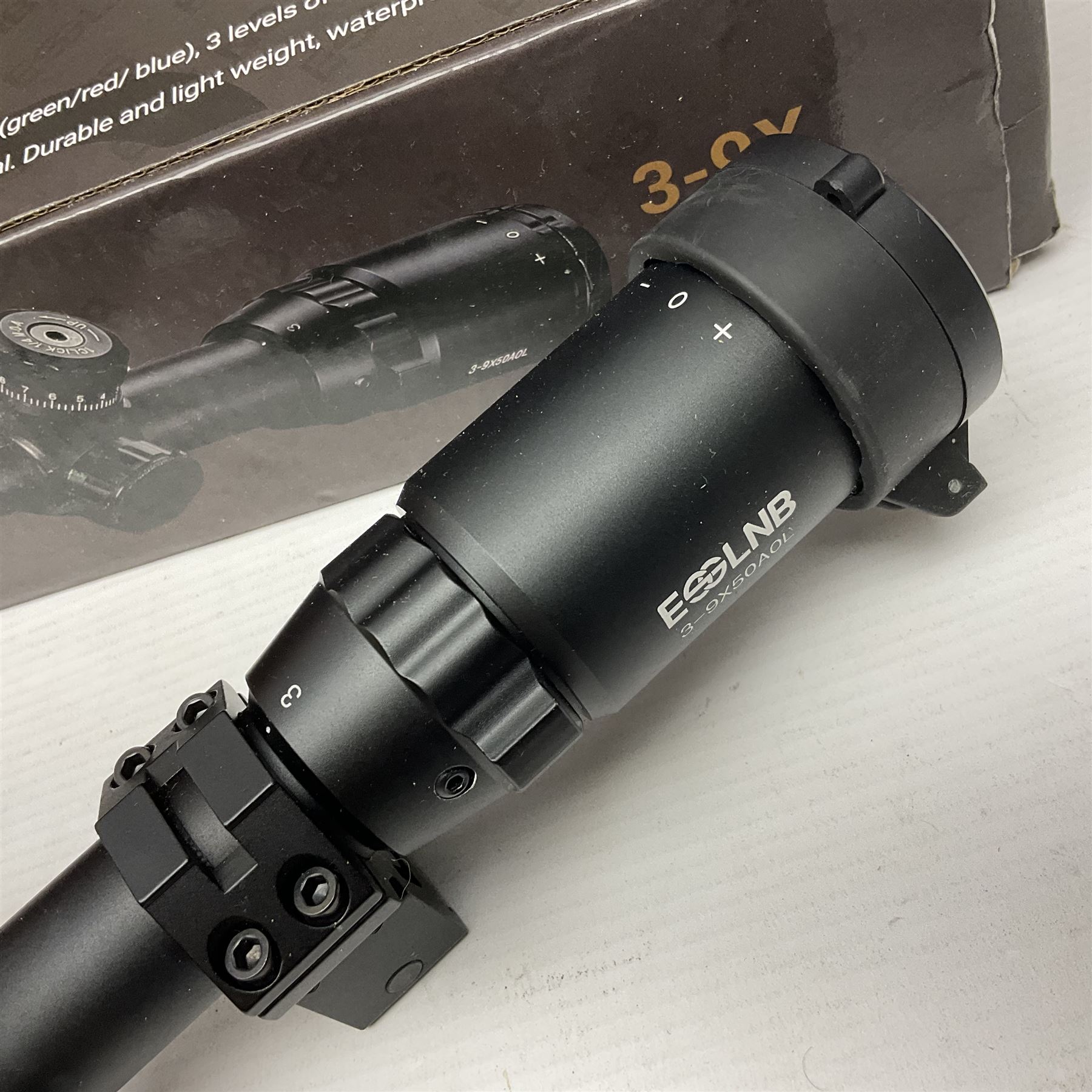 Four shooting accessories - Riflescope 3-9 x 50 scope; Digital Trail Camera; Megaorei M3 night sight add on; and Logan Gun Lamp; all boxed (4)