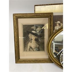 Gilt framed oval wall mirror, together with two smaller unframed mirrors and two framed prints, largest H81cm