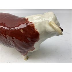 Three Beswick models comprising Hereford Bull no 949, 'CH Cutmil Cupie' Pug, and bay Shire horse, all with printed marks beneath