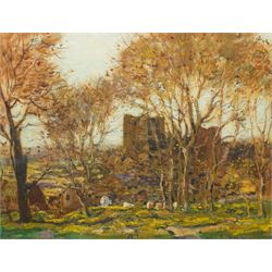 George Graham (British 1881-1941): Cows Grazing at Castle Bolton in Autumn, oil on card si...