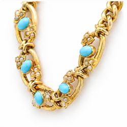 19th / early 20th century gold turquoise and pearl necklace, the the central five oval links set with a cabochon turquoise stone, with split pearl petals, to a curb link chain necklace, stamped 15ct