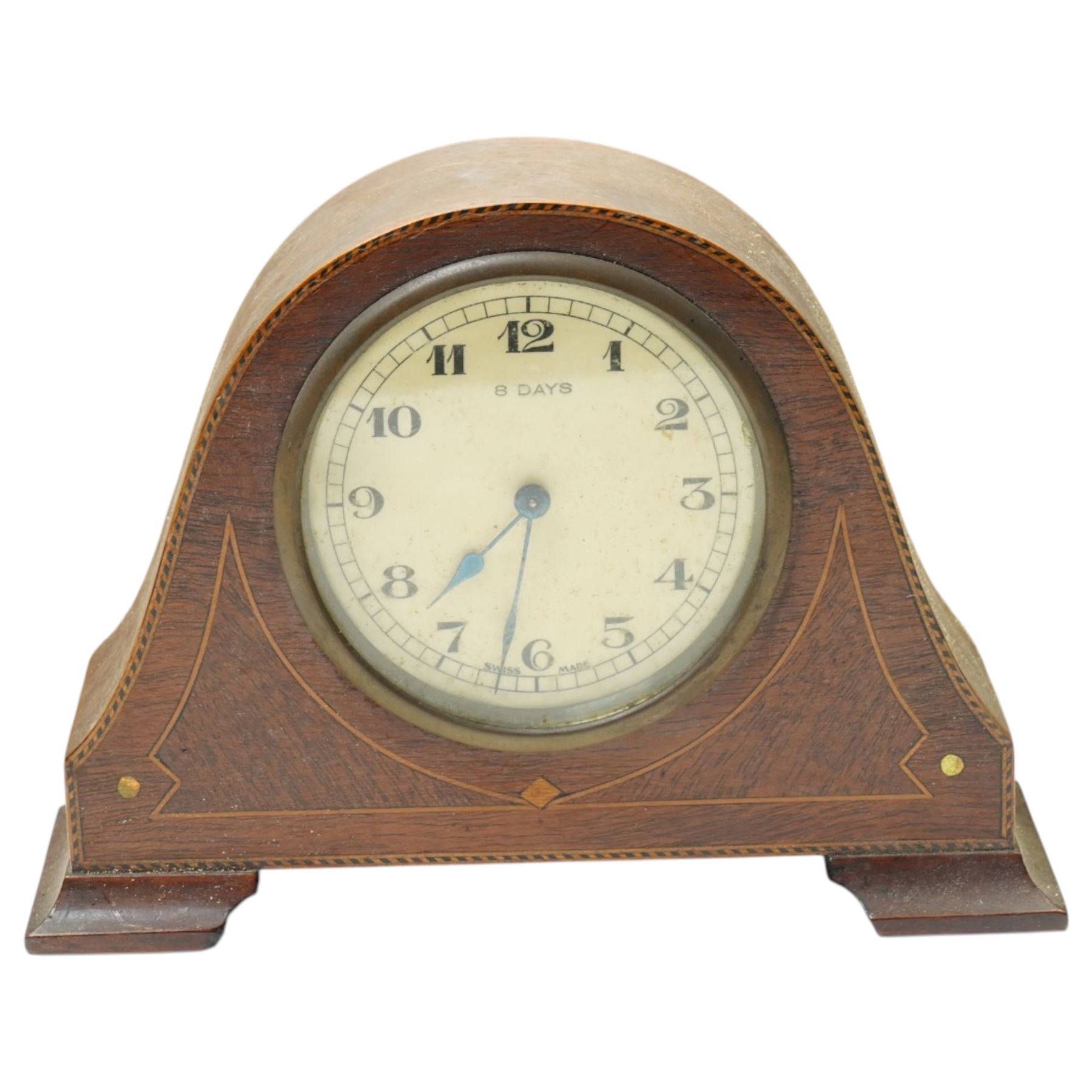 Mantel timepiece with French movement in plated case H16cm, another in mahogany case and two others (4) 