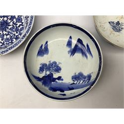 19th century Chinese blue and white bowl decorated with  pagoda river scenes, together with three plate oriental blue and white ceramics 