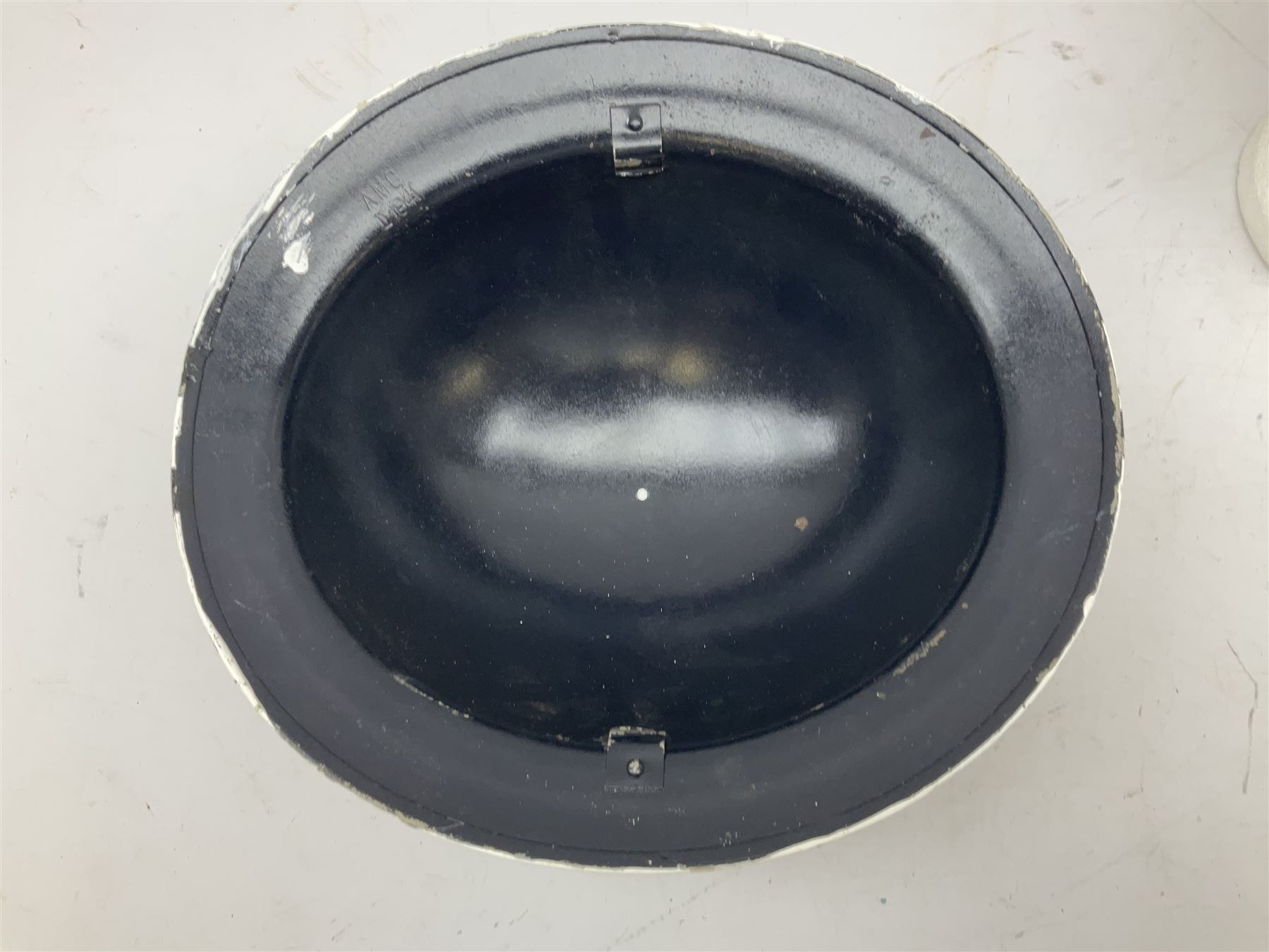 WW2 Home Front 'Police' black painted steel helmet with original liner and webbing chin strap, impressed R.O. Co. 1/1939; and re-painted shell only for WW2 Wardens steel helmet impressed AMC II 1941 C676 (2)