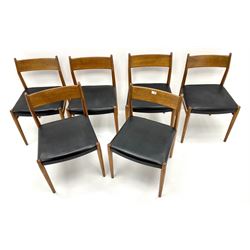 Heals set six teak framed dining chairs, upholstered seat, turned supports