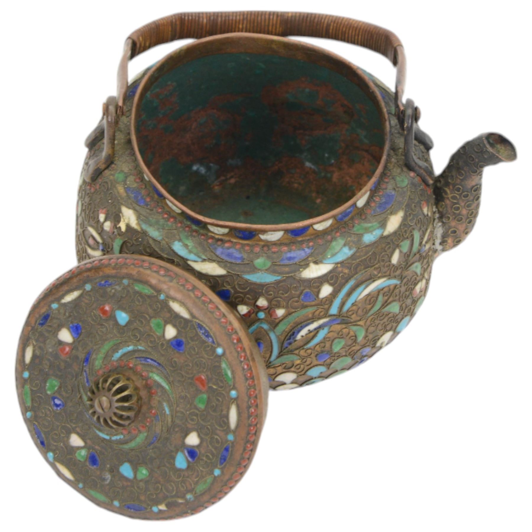 Champleve enamel teapot, with pierced finial, green enamel interior and woven handle, H10cm