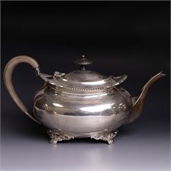 Victorian four piece silver tea service, comprising teapot, hot water pot, open sucrier and cream jug, each of baluster form and decorated with a frieze of neo-classical figures on a textured ground, the teapot and hot water pot with Roman helmet finials and ivory insulated handles, Roberts & Belk, Sheffield 1872, tallest including handle H32cm