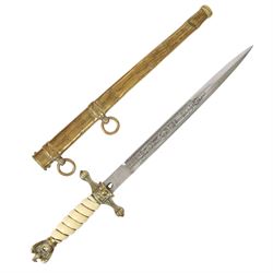 WWII Third Reich Kriegsmarine naval dirk, L25cm double fullered engraved blade, the ricasso marked Eickhorn, Solingen, ivorine celluloid handle and brass scabbard, L42cm