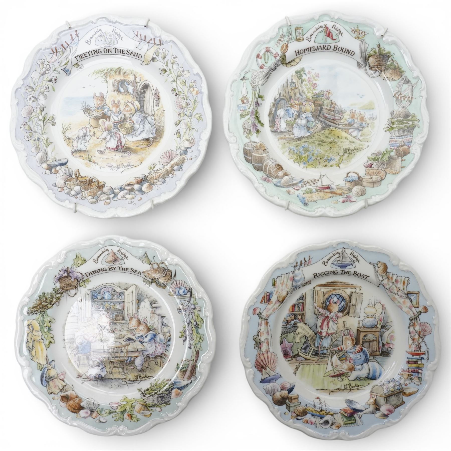 Set of four Royal Doulton Brambly Hedge plates from the 'Sea Story' collection, 'Dining by the Sea', 'Homeward Bound', 'Meeting on the Sand', and 'Rigging the Boat' (4)