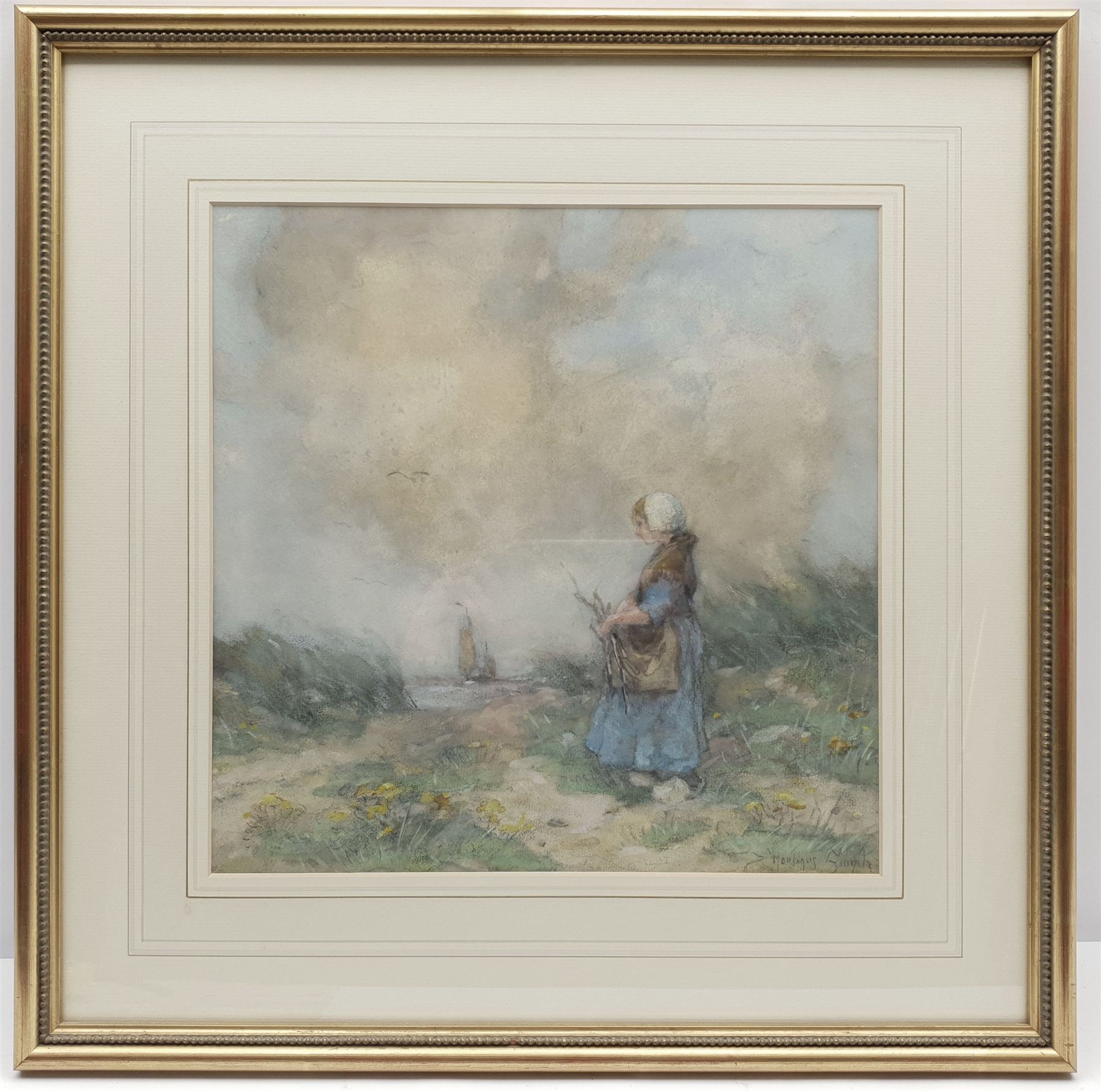 Montague Smyth (British 1863-1965): Gathering Sticks on the Coast, watercolour and pastel signed 32cm x 32cm