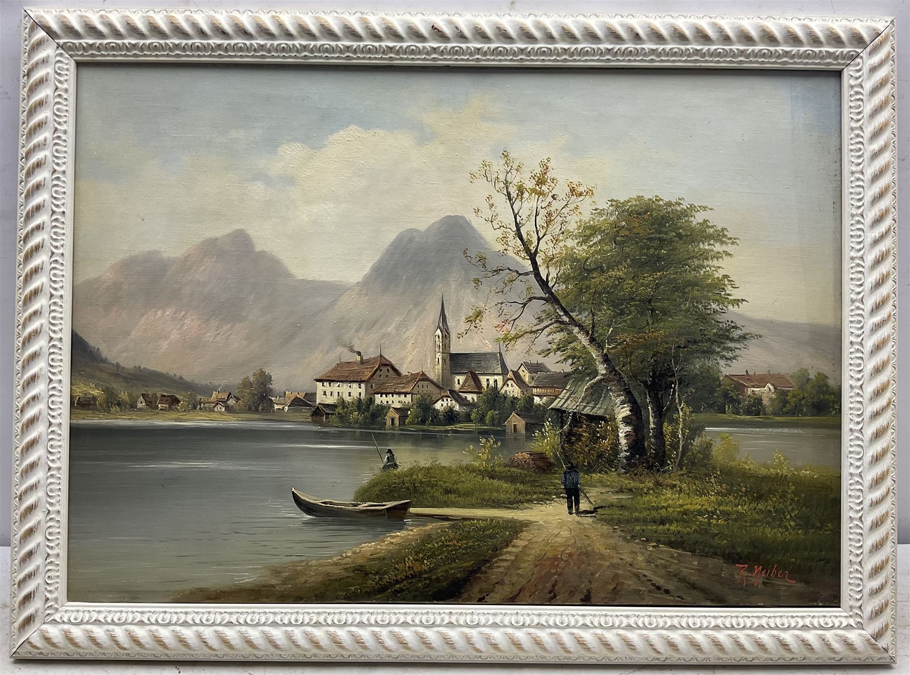 Adolf Kaufmann (AKA R Neiber) (Austrian 1848-1916): Austrian Lake Scene, oil on canvas signed with pseudonym R Neiber 49cm x 70cm