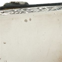 Spanish rectangular silver box, the hinged cover embossed with a hunting scene 9.5cm x 6cm 915 fineness mark and a silver decanter label 'Brandy'