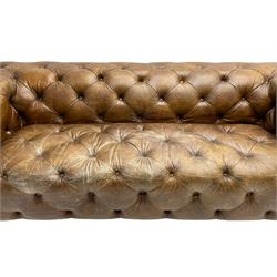 Three seat Chesterfield type club sofa, upholstered in deeply button Brazilian tan brown leather