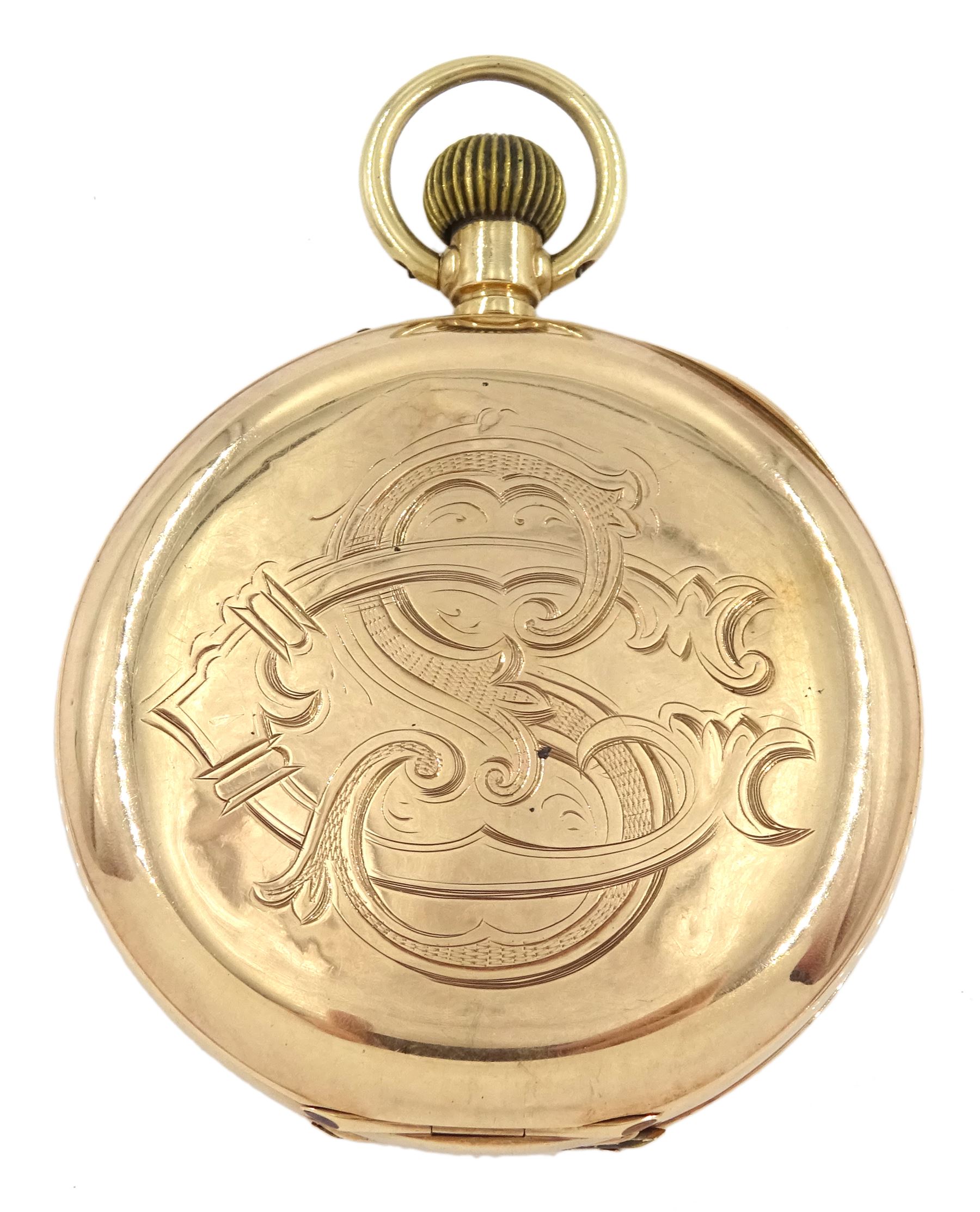Early 20th century 9ct rose full hunter, keyless lever pocket watch, white enamel dial with Roman numerals and subsidiary seconds dial, back case with engraved monogrammed CS initials by Stockwell & Co, London import mark 1913