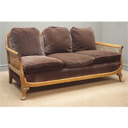  Early 20th century walnut framed three piece bergere lounge suite comprising of three seat settee (W172cm), and two matching armchairs (W72cm)  