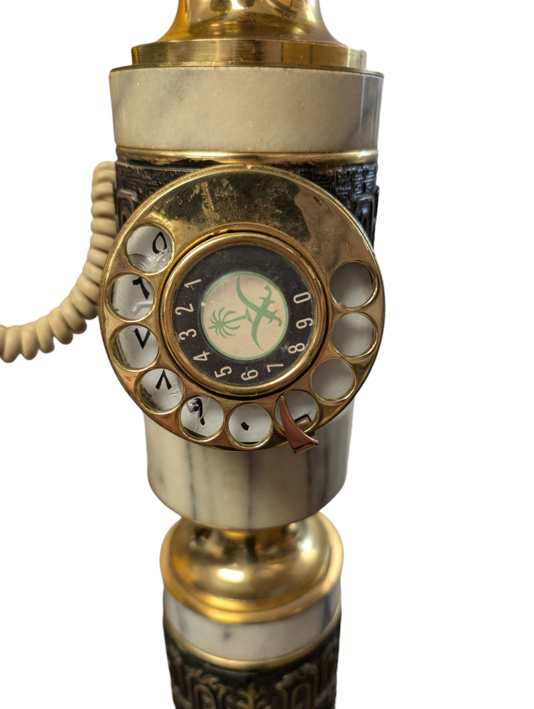Tall Eastern brass and marble telephone, H105cm