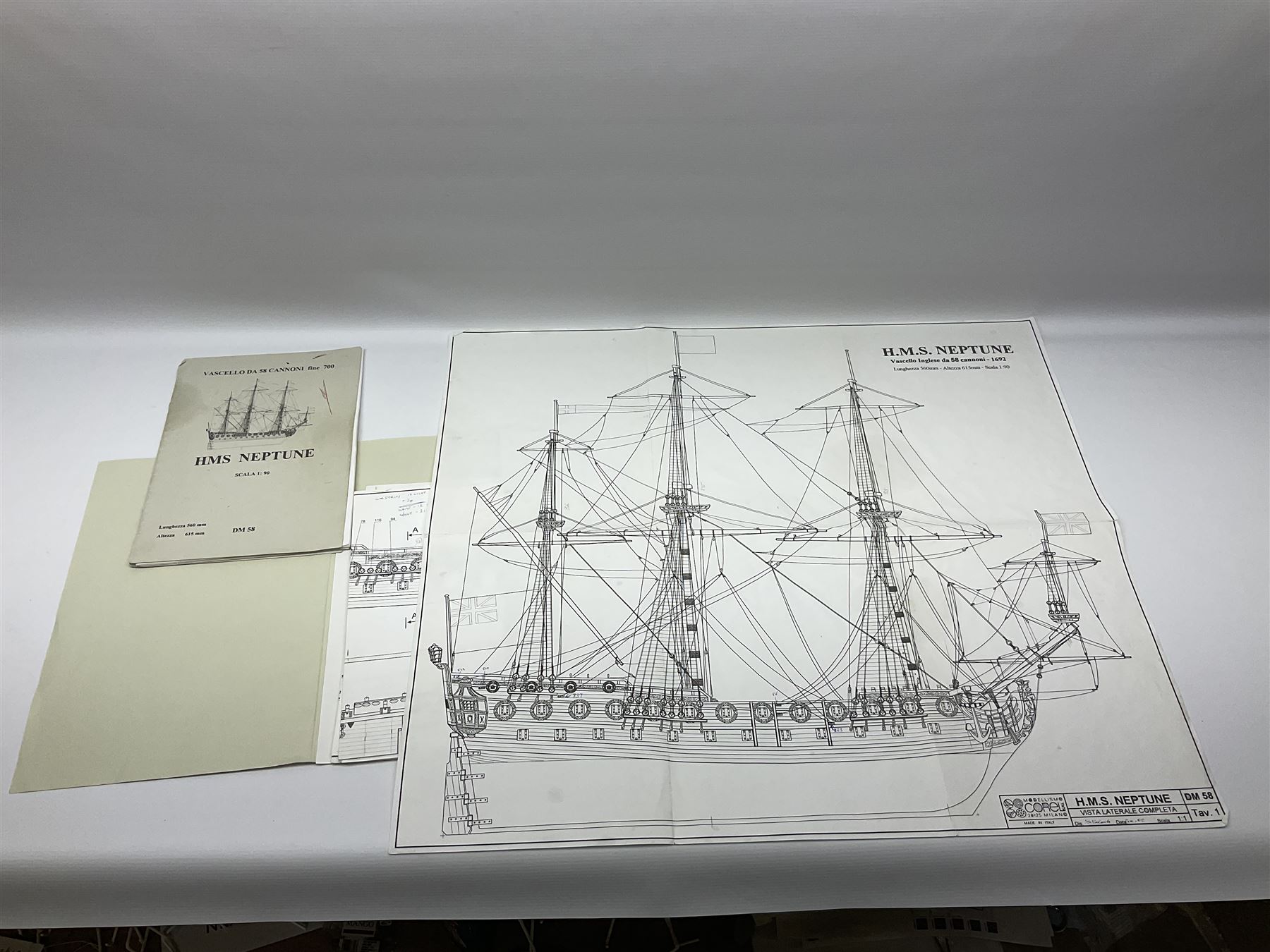 Wooden kit built model of HMS Neptune, 1:90 scale, with detailed rigging to three masts and a row of cannons to either side, upon ebonised wooden base, including stand H71cm
