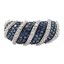 White gold pave set blue and white diamond ring, hallmarked 9ct, total blue diamond weight approx 1.05 carat, total white diamond weight approx 0.45 carat