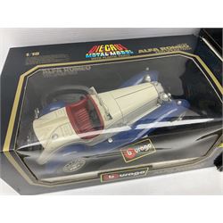 Bburago - seven 1:18/1:20 scale die-cast models comprising Jaguar SS100 (1937), Alfa Romeo 8C 2300 Monza (1931), Alfa Romeo 2300 Spider (1932), Ferrari Testarossa (1984), Bugatti Type 59 (1934), Mercedes Benz 500K Roadster (1936) and Ferrari 250 Testa Rossa (1957); all boxed (7)