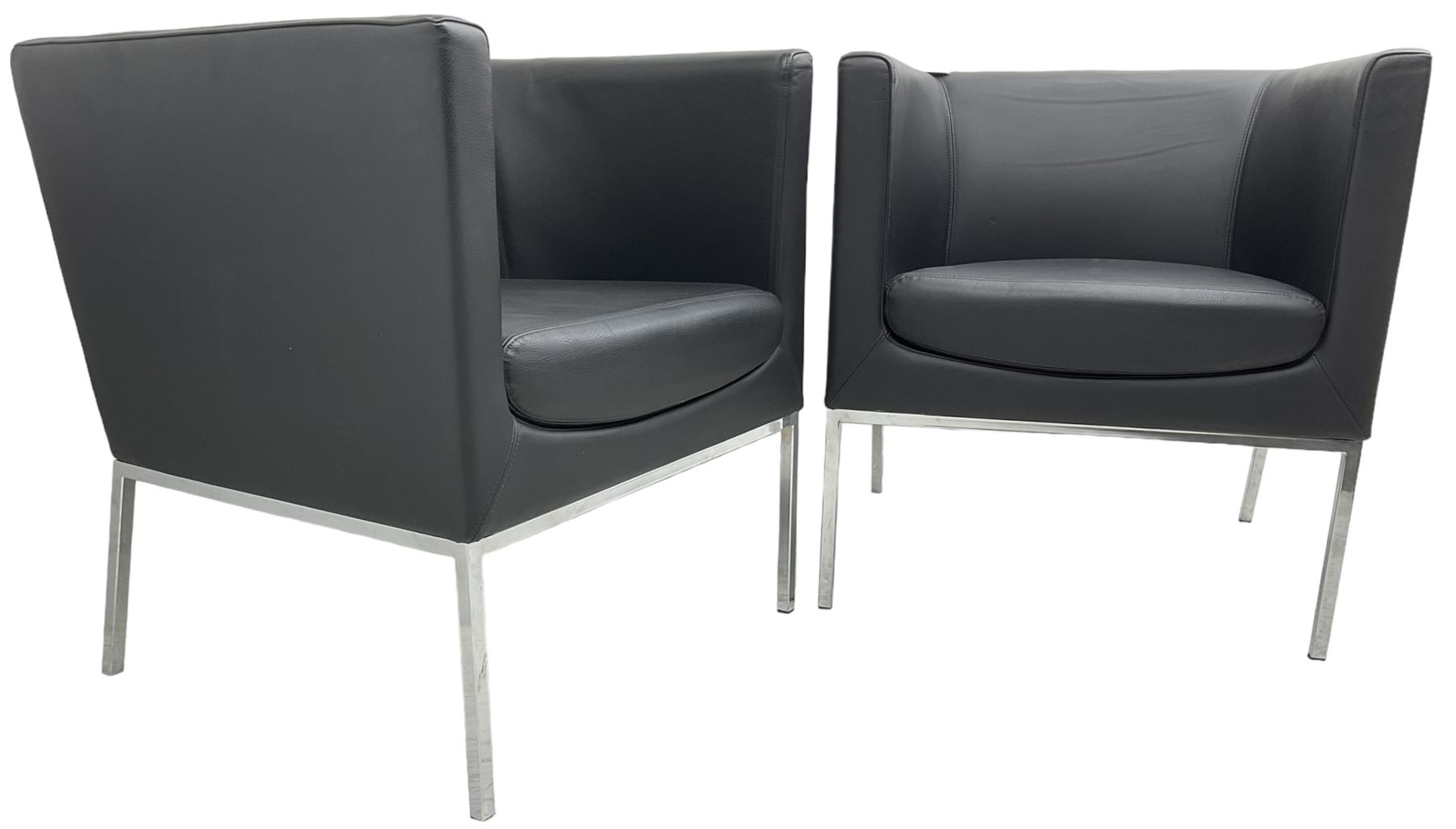 Orangebox - pair of contemporary 'Drift' tub armchairs, upholstered in blakc faux leather, on chrome supports