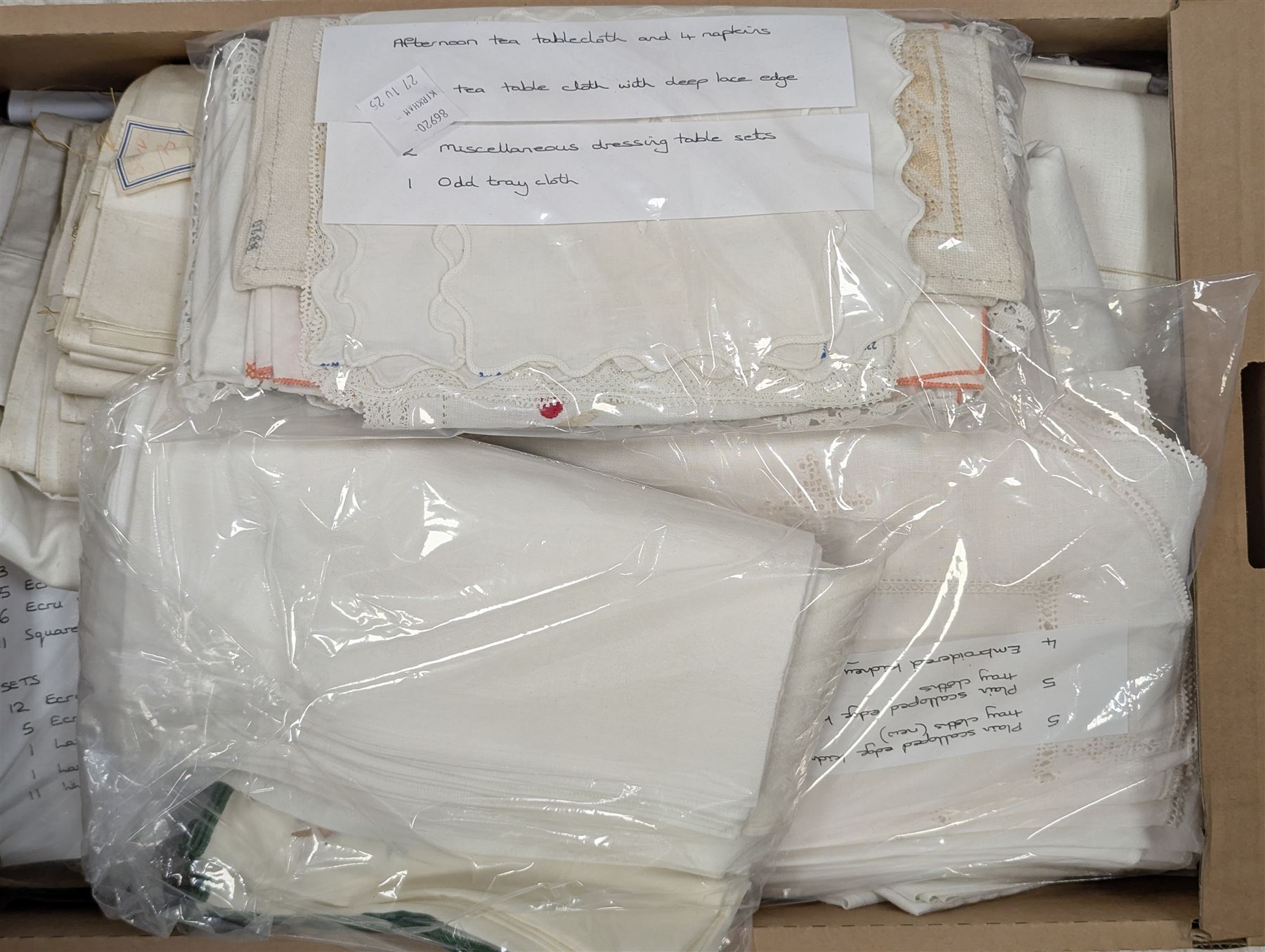 Large collection of linens, including tablecloths, placemats, bedding etc, contents in two boxes 
Provenance: from the Kirkham Hall estate. 