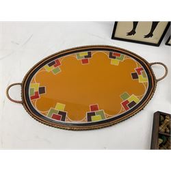 Two Scott-Ford framed silhouettes, featuring the standing profile study of a man dated 1929 and a pair of women dated 1929 and 1930, together with a box containing wooden chess pieces and a serving tray 